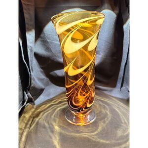 Amber Hand Blown Art Glass Vase White Swirl 9” Retro Decor